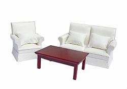 AM0102004 Набор диван, кресло белая ткань и журнальный столик цвет махагон