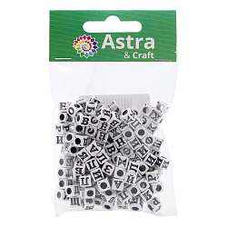 Бусины пластиковые, Русс. алфавит, белые с черным центром, куб, 6*6мм, 150шт/упак, Astra&Craft