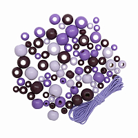 160817 Набор деревянных бусин со шнуром, фиолетовый микс, 6,8,10,12мм, 21гр, 90шт/упак, Astra&Craft