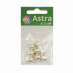 4AR299 Бусины пластиковые, с петелькой 'жемчуг', белые, круглые, 10мм, 8шт/упак, Astra&Craft