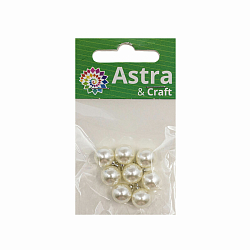 4AR299 Бусины пластиковые, с петелькой 'жемчуг', белые, круглые, 10мм, 8шт/упак, Astra&Craft