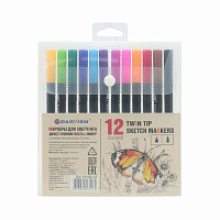 DV-13142-12 Набор маркеров для скетчинга двусторонние, 12 цветов, кисть+линер 0,4мм, Darvish
